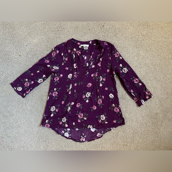 Monday Fun Pleated Floral Flowy 3/4 Sleeve Boho Blouse Top Purple Size XS - Picture 4 of 10